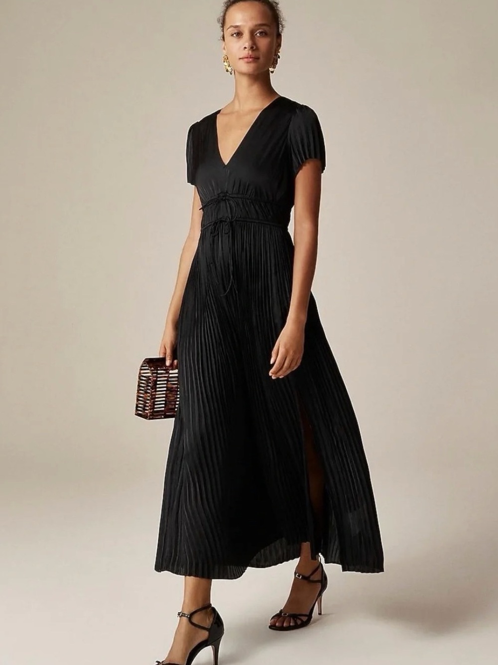 J. Crew Pleated tie-waist dress in luster georgette, black
